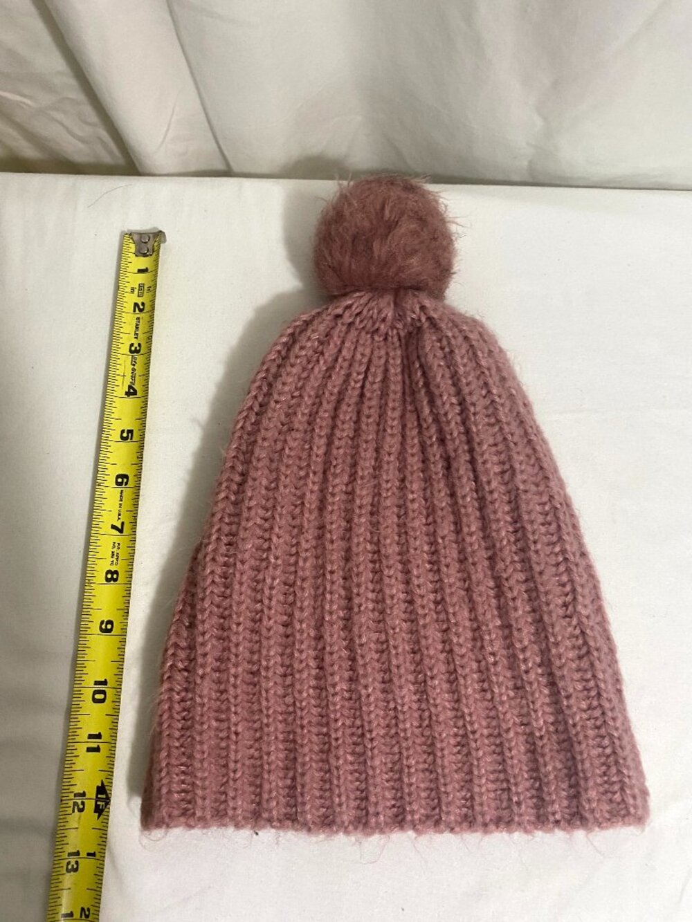 Pink Knit Beanie Hat Pom Pom Ribbed Winter Cap One Size Cozy Soft